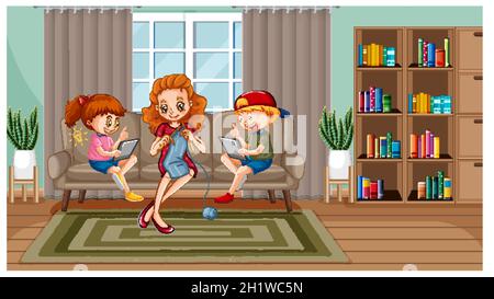 Children learning from home on electronic device illustration Stock Vector