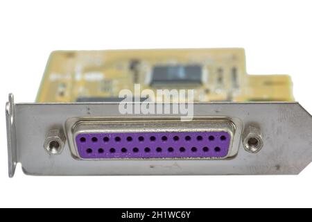 Card add port parallel on motherboard pc isolated on a white background. Stock Photo