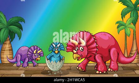 Cartoon triceratop dinosaurs on rainbow gradient background illustration Stock Vector