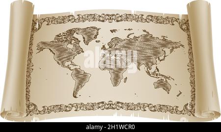 World Map Drawing Old Woodcut Engraved Scroll Stock Vector