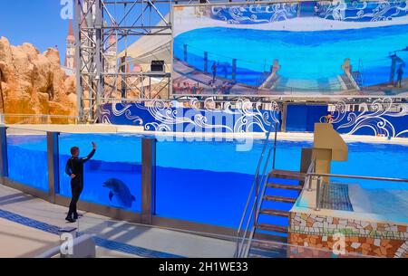 Belek, Antalya, Turkey - May 15, 2021: The Dolphins on creative entertaining show at Land of Legends theme park in Belek. Stock Photo