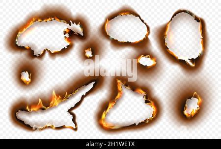 Paper holes with realistic burnt effect and fire flame. Burning torn charred edges with black ash. Scorched ripped hole circles vector set Stock Vector