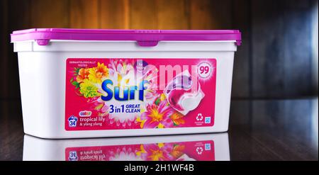 POZNAN, POL - JUN 10, 2021: A box of Surf capsule laundry detergent product, manufactured and marketed by Unilever Stock Photo