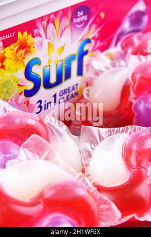 POZNAN, POL - JUN 10, 2021: A box of Surf capsule laundry detergent product, manufactured and marketed by Unilever Stock Photo