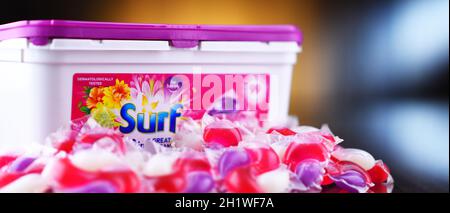 POZNAN, POL - JUN 10, 2021: A box of Surf capsule laundry detergent product, manufactured and marketed by Unilever Stock Photo