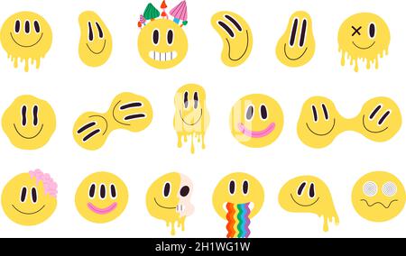 Trendy psychedelic distorted smiley faces with rainbow. Crazy smiling groovy emoji. Trippy acid melting graffiti smile stickers vector set Stock Vector