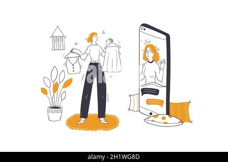 Beauty, fashion, shopping consultation concept. Woman personal stylist cartoon character consulting customer client online. Wardrobe parsing choice of Stock Photo