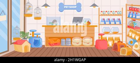 Cartoon pet store interior with counter desk and shelves. Empty animal shop indoor with accessory, toy, food. Zoo supermarket vector concept Stock Vector
