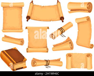 Cartoon parchment paper and magic book for fantasy game. Ancient wizard scrolls. Old papyrus, medieval treasure maps and letters vector set Stock Vector
