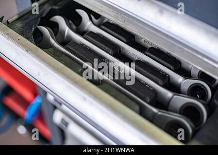 MILAN, ITALY 14 JULY 2021: Detail of Wrench in the drawer Stock Photo