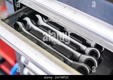 MILAN, ITALY 14 JULY 2021: Detail of Wrench in the drawer Stock Photo