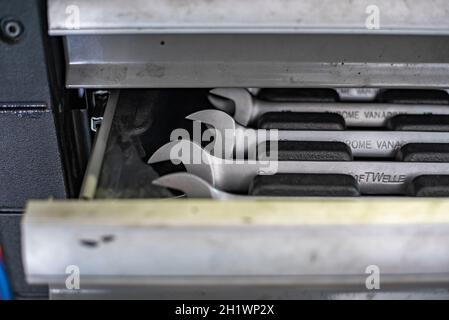 MILAN, ITALY 14 JULY 2021: Detail of Wrench in the drawer Stock Photo