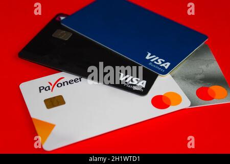 Kyiv, Ukraine - April 18, 2021: Mastercard Payoneer card