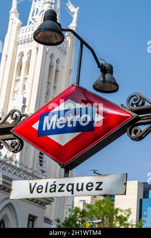 MADRID, SPAIN – JULY 23, 2021: Madrid Metro sign at Velazquez subway station Stock Photo