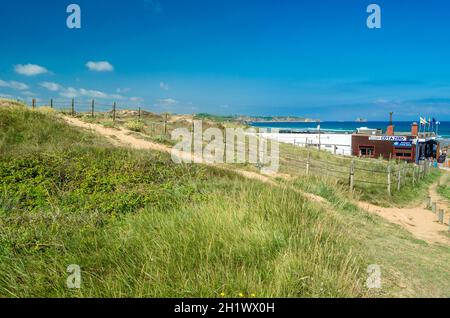 LIENCRES, SPAIN - JULY 10, 2021: Bar called 'Cota Zero' on the beach of Valdearenas in the Liencres Dunes Natural Park in Cantabria, northern Spain Stock Photo