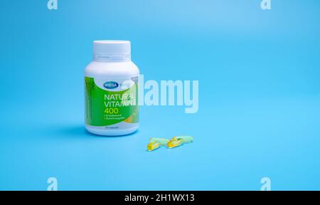 Chonburi Thailand January 31 21 Mega We Care Natural Vitamin E 400 Iu In Pp Plastic Bottle And Four Soft Gelatin Capsule On Blue Background Pro Stock Photo Alamy