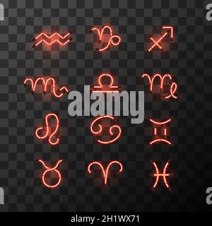 Set of bright red neon zodiac signs, star signs for astrology horoscope on transparent background Stock Vector