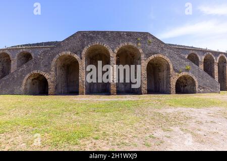 View on Amphitheatre of Pompeii  buried by the eruption of Vesuvius volcano in 79 AD, Pompeii, Naples, Italy.  It is the oldest surviving Roman amphit Stock Photo