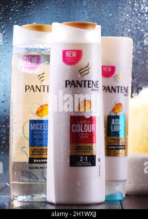 POZNAN, POL - OCT 23, 2020: Bottles of Pantene shampoo, popular brand of hair care products owned by Procter & Gamble. Stock Photo