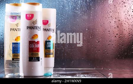 POZNAN, POL - OCT 23, 2020: Bottles of Pantene shampoo, popular brand of hair care products owned by Procter & Gamble. Stock Photo