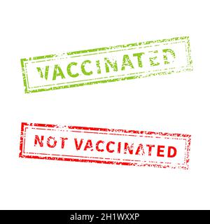 Vaccinated and not, red and green vintage grunge stamp imprints isolated on white Stock Vector