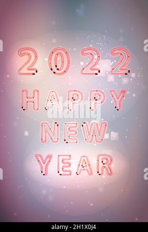 2022 happy new year bright red neon lettering on vertikal blurred background Stock Vector