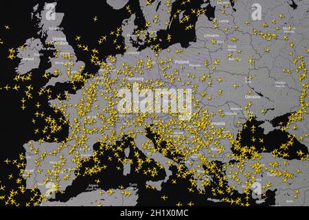 map of air traffic over the skies of Europe Stock Photo