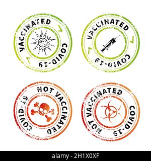 Vaccinated and not, red and green vintage round grunge stamp imprints isolated on white Stock Vector