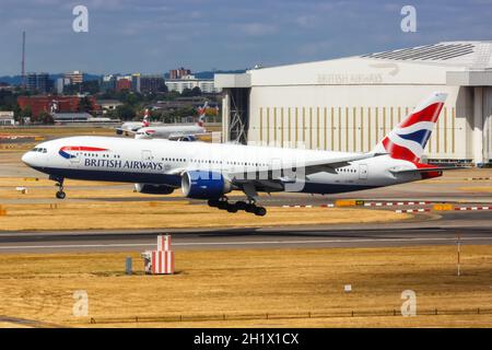 London, United Kingdom - July 31, 2018: British Airways Boeing 777-200ER airplane at London Heathrow Airport (LHR) in the United Kingdom. Stock Photo