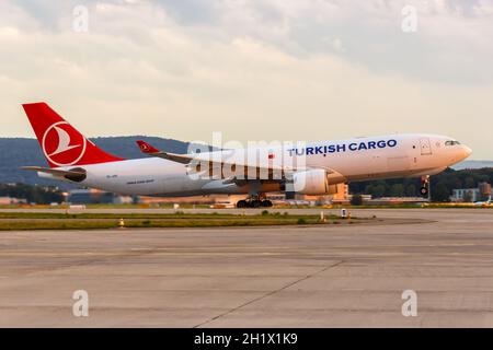 Zurich, Switzerland - July 22, 2020: Turkish Cargo Airbus A330-200F airplane at Zurich Airport (ZRH) in Switzerland. Airbus is a European aircraft man Stock Photo