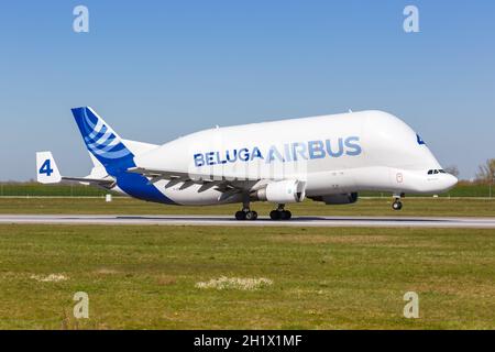 Hamburg, Germany - April 20, 2021: Airbus Beluga Super Transporter A300B4 airplane at Hamburg Finkenwerder airport (XFW) in Germany. Stock Photo