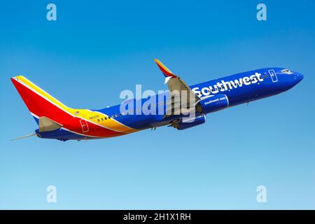 Phoenix, Arizona - April 8, 2019: Southwest Airlines Boeing 737-800 airplane at Phoenix Sky Harbor airport (PHX) in the United States. Stock Photo