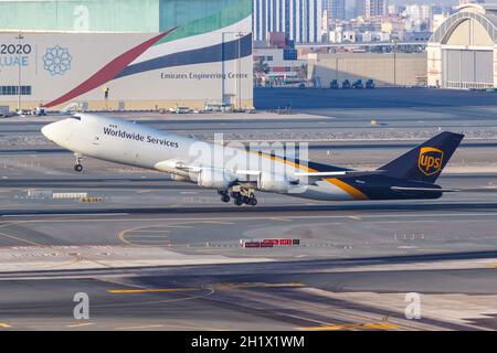 Dubai, United Arab Emirates - May 27, 2021: UPS United Parcel Service Boeing 747-8F airplane at Dubai airport (DXB) in the United Arab Emirates. Stock Photo