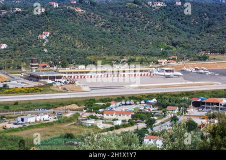 Skiathos, Greece - June 1, 2016: Overview of Skiathos airport (JSI) in Greece. Stock Photo