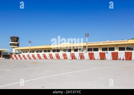 Skiathos, Greece - June 1, 2016: Terminal of Skiathos airport (JSI) in Greece. Stock Photo