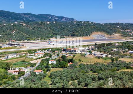 Skiathos, Greece - June 6, 2016: Overview of Skiathos airport (JSI) in Greece. Stock Photo