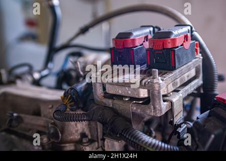 Detail of Old car engine ecu control unit Stock Photo