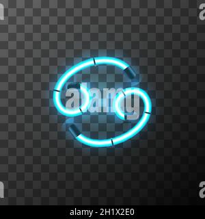 Cancer bright blue neon zodiac sign, star sign for astrology horoscope on transparent background Stock Vector