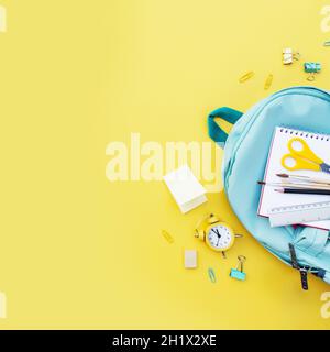 Back to school conceptual flat lay with different office supply items and copy space area for text. Concept for primary and secondary school pupil. Pu Stock Photo