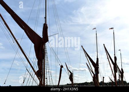 close up of magnificent ships mast and rigging against a deep blue sky ...