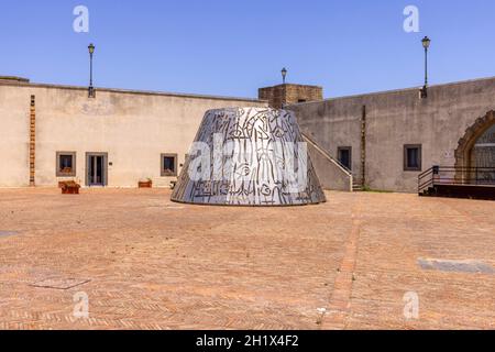 Naples; Italy - June 27; 2021: Modern art, metal sculpture on top of medieval Castel Sant'Elmo Stock Photo