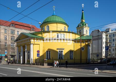 Riga, Latvia. August 2021.  The outdoor view of the St. Alexander Nevsky Church in the city center Stock Photo