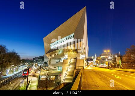 Stuttgart, Germany - March 2, 2021: Porsche museum headquarters headquarter architecture in Stuttgart, Germany. Stock Photo