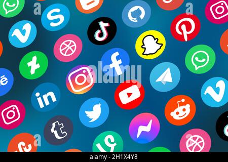 Stuttgart, Germany - April 5, 2021: Logo of social media icons marketing network Facebook, Instagram, YouTube, Twitter and WhatsApp on the internet in Stock Photo