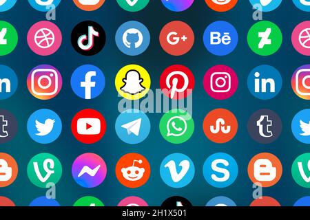 Stuttgart, Germany - April 5, 2021: Logo of social media icons marketing network Facebook, Instagram, YouTube, Twitter and WhatsApp on the internet in Stock Photo