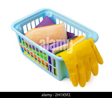 Cleaning items in basket isolated on white background Stock Photo
