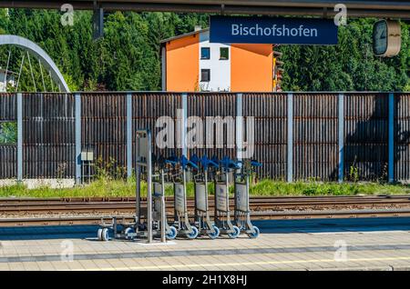 BISCHOFSHOFEN, AUSTRIA - AUGUST 30, 2013: Train station platform in Bischofshofen, a town in Austria, an important traffic junction Stock Photo