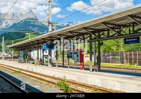 BISCHOFSHOFEN, AUSTRIA - AUGUST 30, 2013: Train station platform in Bischofshofen, a town in Austria, an important traffic junction Stock Photo