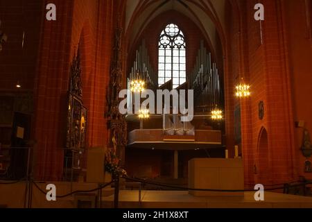 Frankfurt, Germany - June 15, 2016: Old organ inside the famous dome in Frankfurt. Frankfurt dome was the place for inauguration of former german king Stock Photo