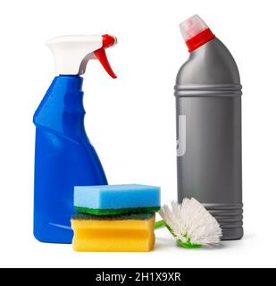 Sanitary household cleaning items isolated on white background Stock Photo